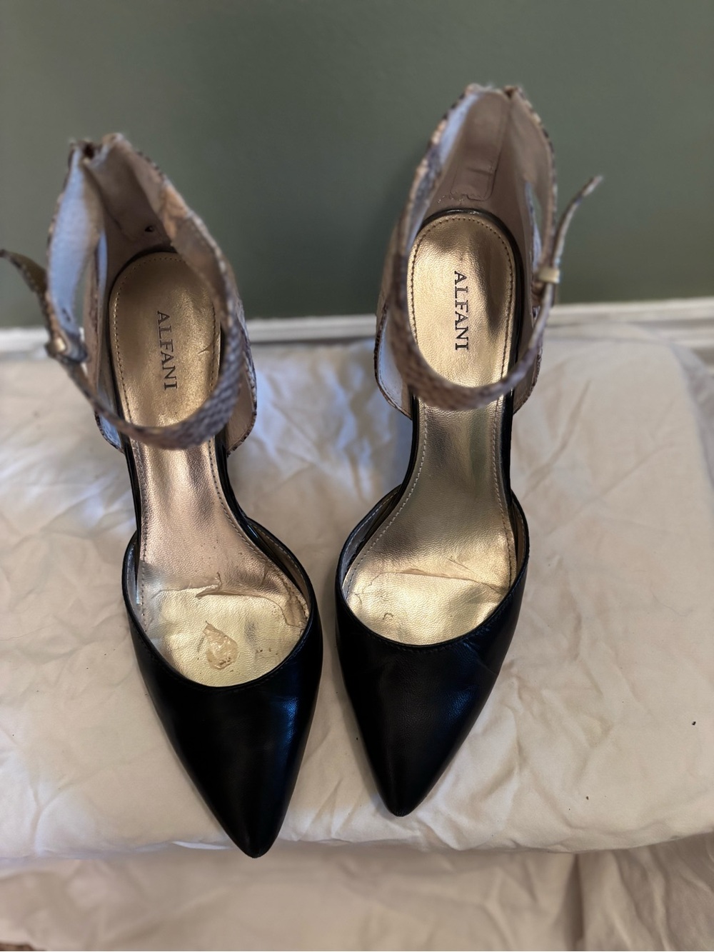 Alfani Black Pointed-Toe Pumps with Beige Ankle Strap